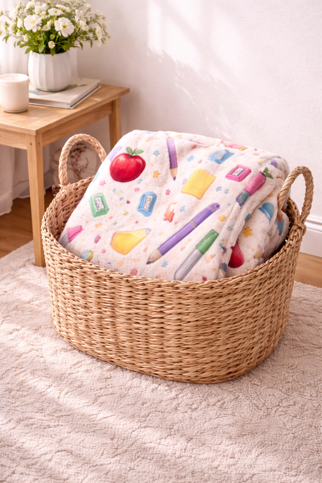 Teacher Appreciation Blanket – Colorful School Supplies Plush Throw, Cute Teacher Gift, End of Year Teacher Present, Cozy Classroom Decor”