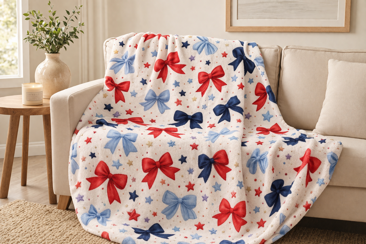 “Coquette Patriotic Bow Blanket – Red & Blue Star Plush Throw, Soft Americana Cozy Blanket, 4th of July Gift, Cute Bow Aesthetic Decor”