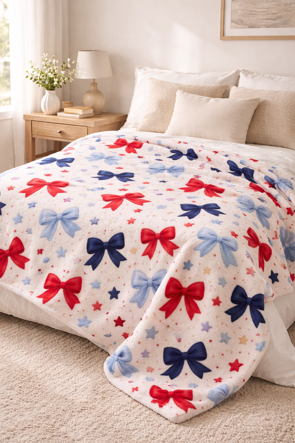 “Coquette Patriotic Bow Blanket – Red & Blue Star Plush Throw, Soft Americana Cozy Blanket, 4th of July Gift, Cute Bow Aesthetic Decor”