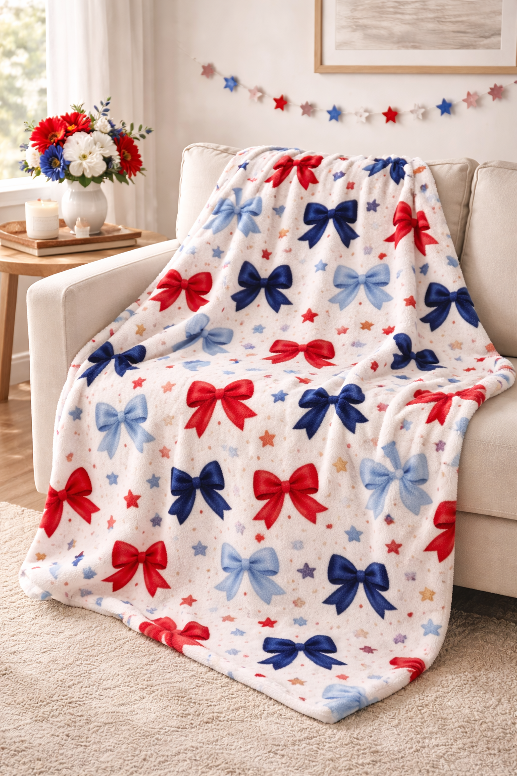 “Coquette Patriotic Bow Blanket – Red & Blue Star Plush Throw, Soft Americana Cozy Blanket, 4th of July Gift, Cute Bow Aesthetic Decor”