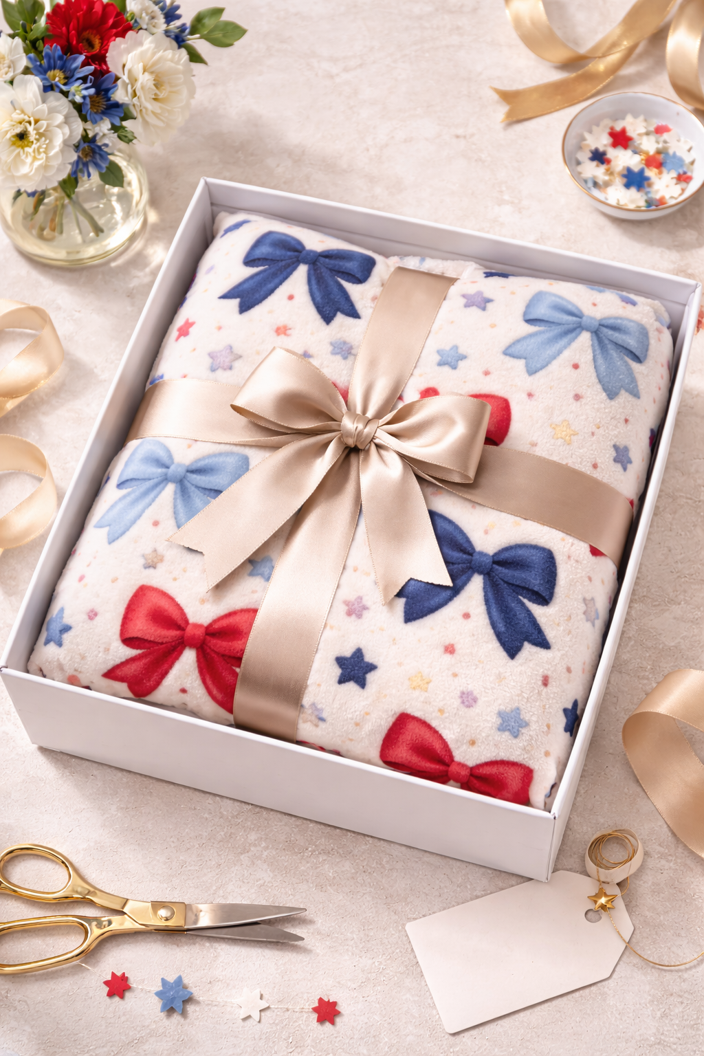 “Coquette Patriotic Bow Blanket – Red & Blue Star Plush Throw, Soft Americana Cozy Blanket, 4th of July Gift, Cute Bow Aesthetic Decor”