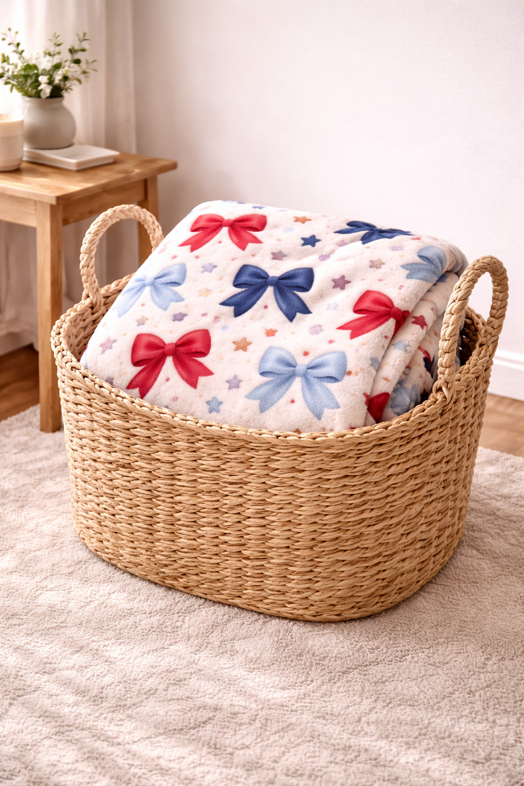 “Coquette Patriotic Bow Blanket – Red & Blue Star Plush Throw, Soft Americana Cozy Blanket, 4th of July Gift, Cute Bow Aesthetic Decor”