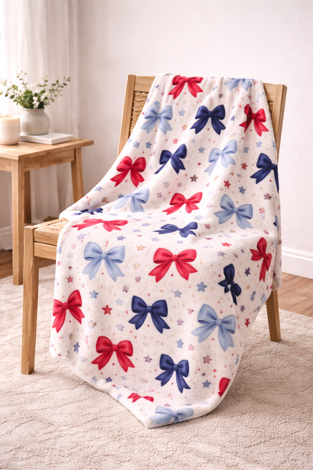 “Coquette Patriotic Bow Blanket – Red & Blue Star Plush Throw, Soft Americana Cozy Blanket, 4th of July Gift, Cute Bow Aesthetic Decor”