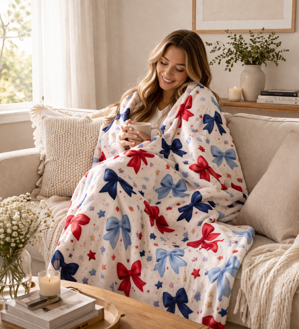 “Coquette Patriotic Bow Blanket – Red & Blue Star Plush Throw, Soft Americana Cozy Blanket, 4th of July Gift, Cute Bow Aesthetic Decor”