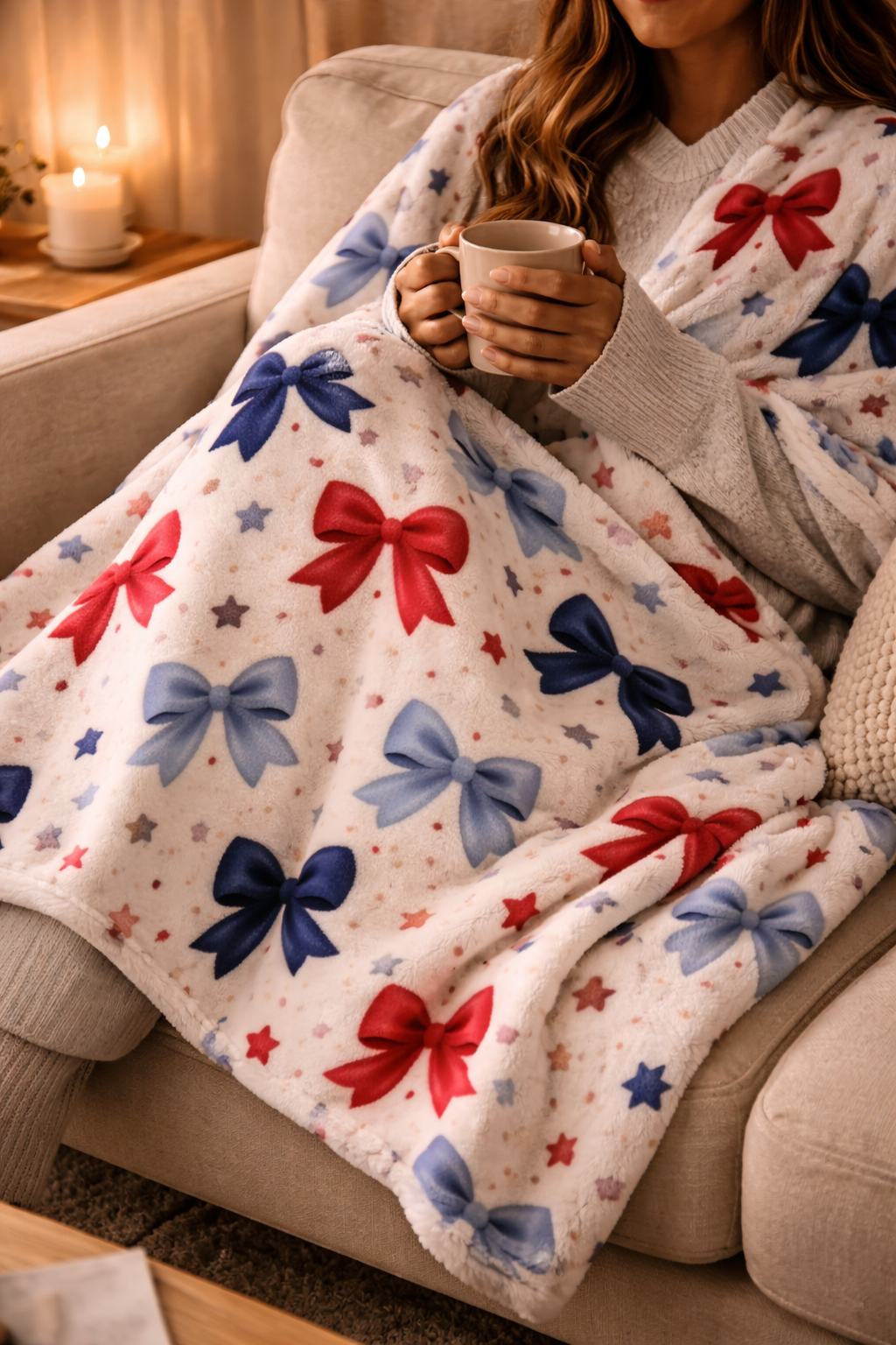 “Coquette Patriotic Bow Blanket – Red & Blue Star Plush Throw, Soft Americana Cozy Blanket, 4th of July Gift, Cute Bow Aesthetic Decor”