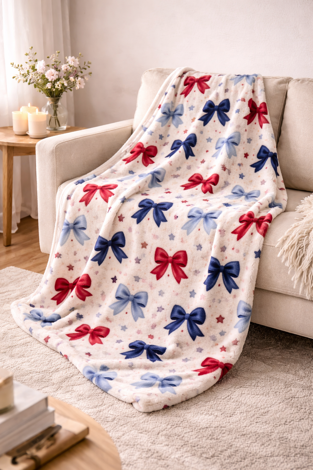 “Coquette Patriotic Bow Blanket – Red & Blue Star Plush Throw, Soft Americana Cozy Blanket, 4th of July Gift, Cute Bow Aesthetic Decor”