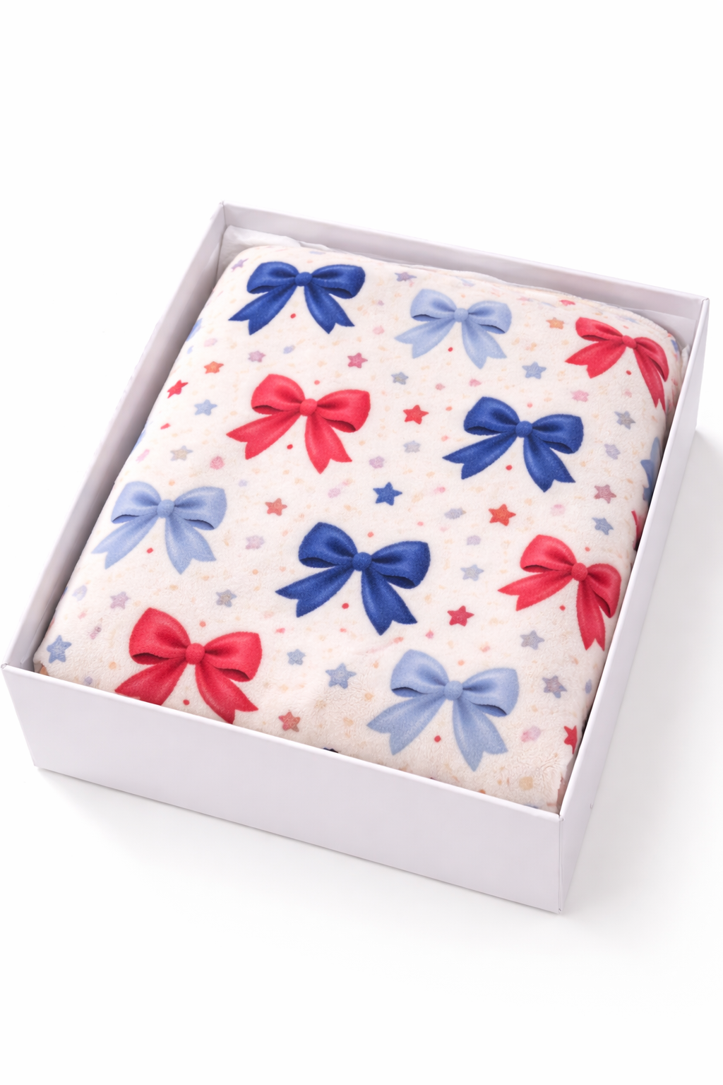 “Coquette Patriotic Bow Blanket – Red & Blue Star Plush Throw, Soft Americana Cozy Blanket, 4th of July Gift, Cute Bow Aesthetic Decor”