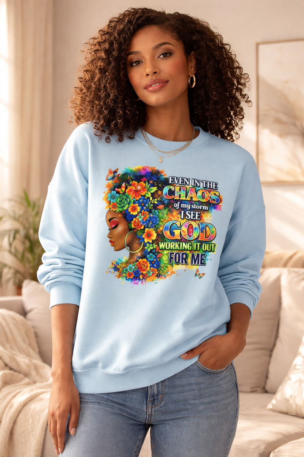 Even In The Midst I See God Sweatshirt – Faith-Based Floral Graphic Crewneck, Inspirational Christian Women’s Sweatshirt, Purple & Gold Aesthetic