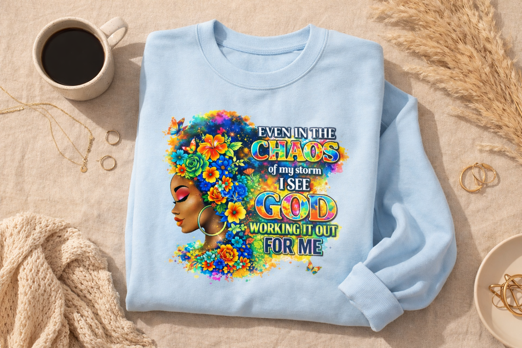 Even In The Midst I See God Sweatshirt – Faith-Based Floral Graphic Crewneck, Inspirational Christian Women’s Sweatshirt, Purple & Gold Aesthetic
