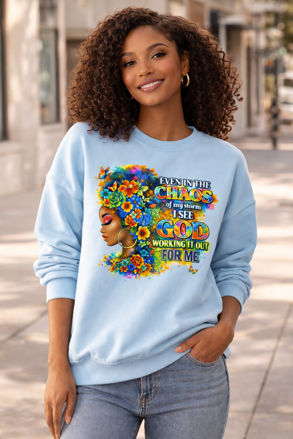 Even In The Midst I See God Sweatshirt – Faith-Based Floral Graphic Crewneck, Inspirational Christian Women’s Sweatshirt, Purple & Gold Aesthetic