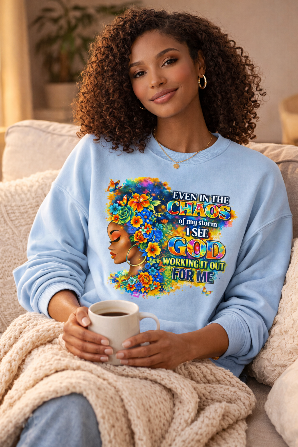 Even In The Midst I See God Sweatshirt – Faith-Based Floral Graphic Crewneck, Inspirational Christian Women’s Sweatshirt, Purple & Gold Aesthetic
