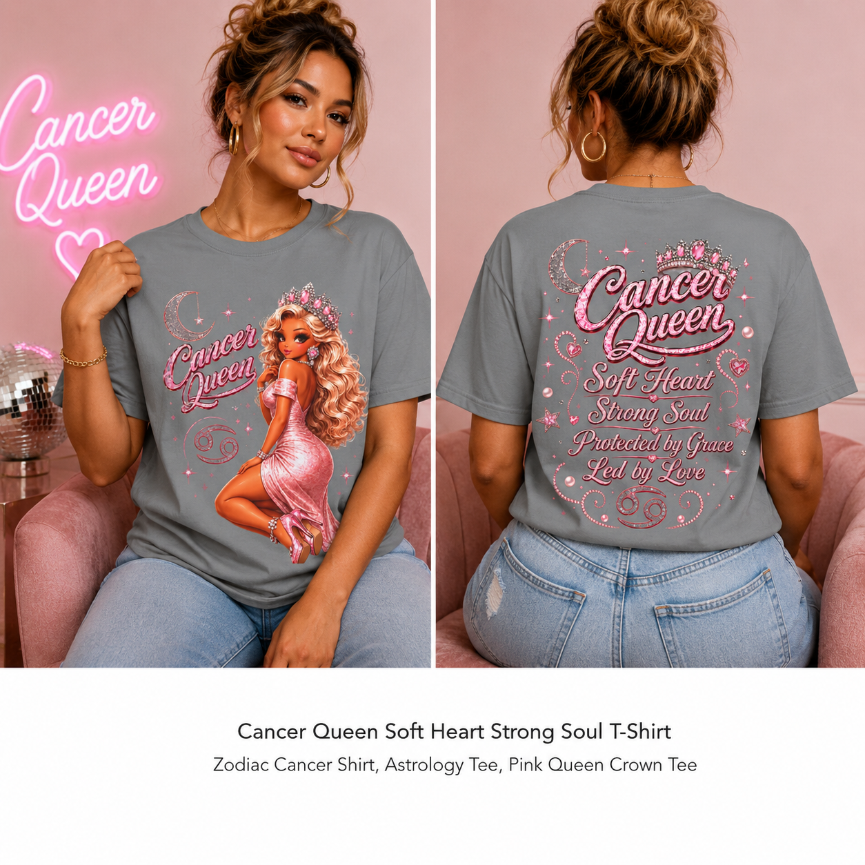 Cancer Queen Soft Heart Strong Soul Shirt – Zodiac Astrology Graphic Tee for Women, Pink Coquette Cancer Zodiac Birthday Gift, Trendy Astrology T-Shirt