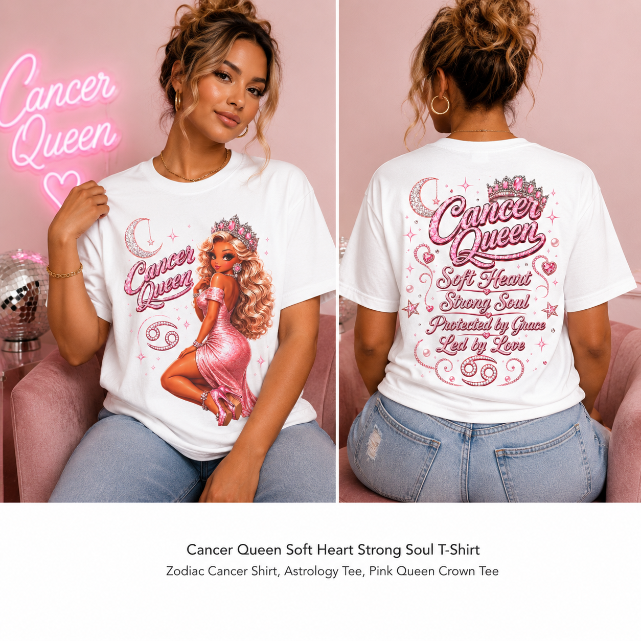 Cancer Queen Soft Heart Strong Soul Shirt – Zodiac Astrology Graphic Tee for Women, Pink Coquette Cancer Zodiac Birthday Gift, Trendy Astrology T-Shirt