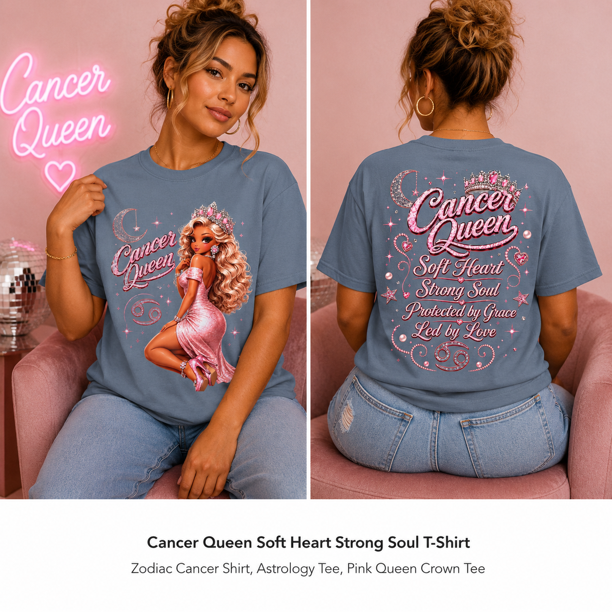 Cancer Queen Soft Heart Strong Soul Shirt – Zodiac Astrology Graphic Tee for Women, Pink Coquette Cancer Zodiac Birthday Gift, Trendy Astrology T-Shirt