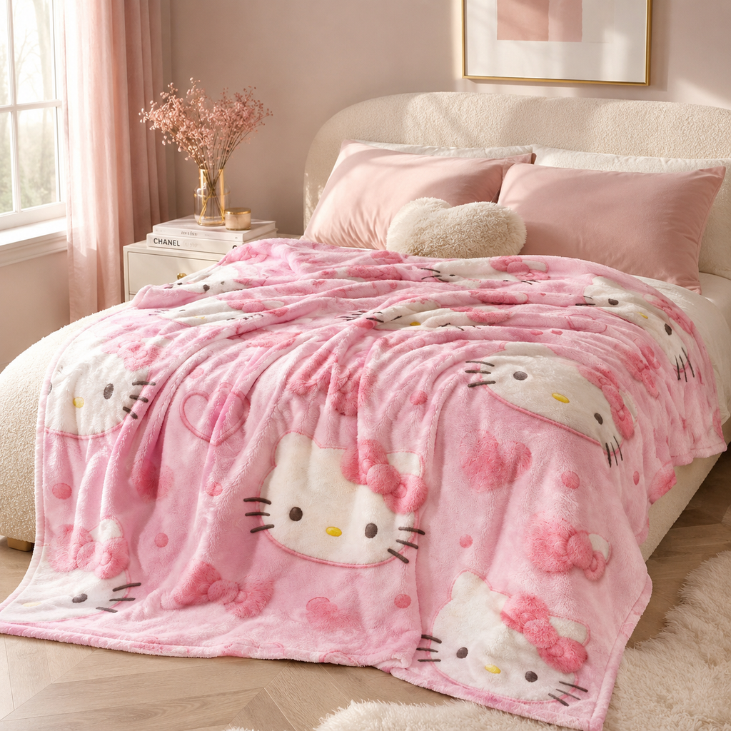 Pink Kawaii Plush Blanket – Ultra Soft Cozy Fleece Throw Blanket for Girls, Cute Pink Bow & Kitty Inspired Blanket, Luxury Bed Throw, Gift for Her, Dorm Room Decor