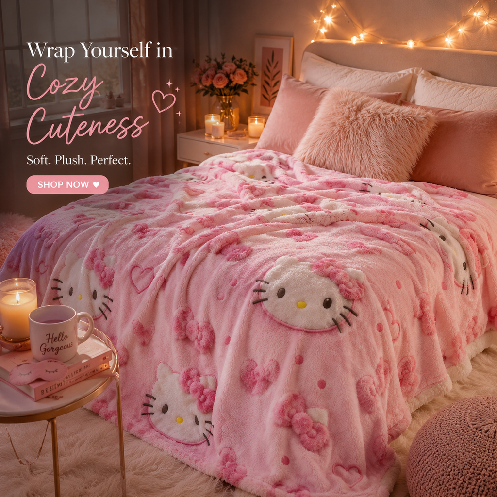 Pink Kawaii Plush Blanket – Ultra Soft Cozy Fleece Throw Blanket for Girls, Cute Pink Bow & Kitty Inspired Blanket, Luxury Bed Throw, Gift for Her, Dorm Room Decor