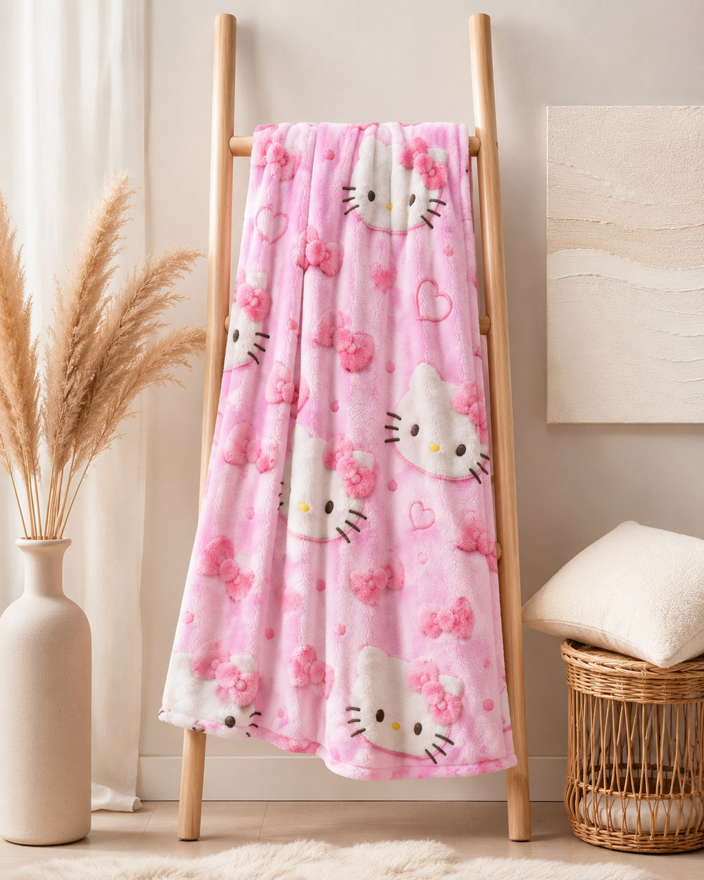 Pink Kawaii Plush Blanket – Ultra Soft Cozy Fleece Throw Blanket for Girls, Cute Pink Bow & Kitty Inspired Blanket, Luxury Bed Throw, Gift for Her, Dorm Room Decor