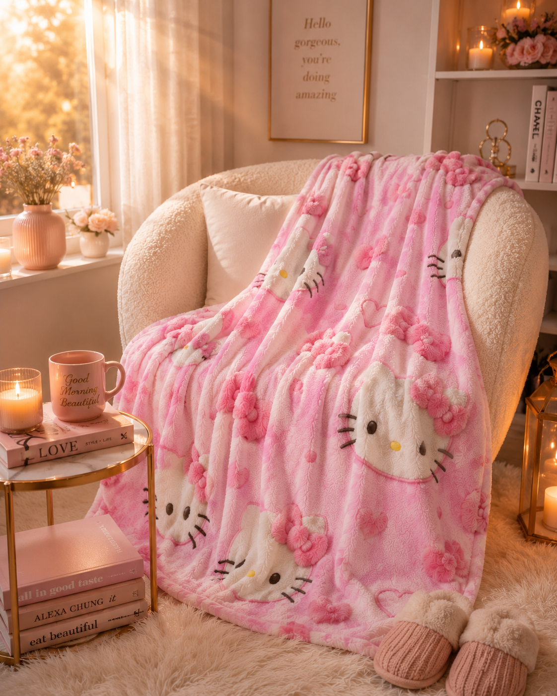 Pink Kawaii Plush Blanket – Ultra Soft Cozy Fleece Throw Blanket for Girls, Cute Pink Bow & Kitty Inspired Blanket, Luxury Bed Throw, Gift for Her, Dorm Room Decor