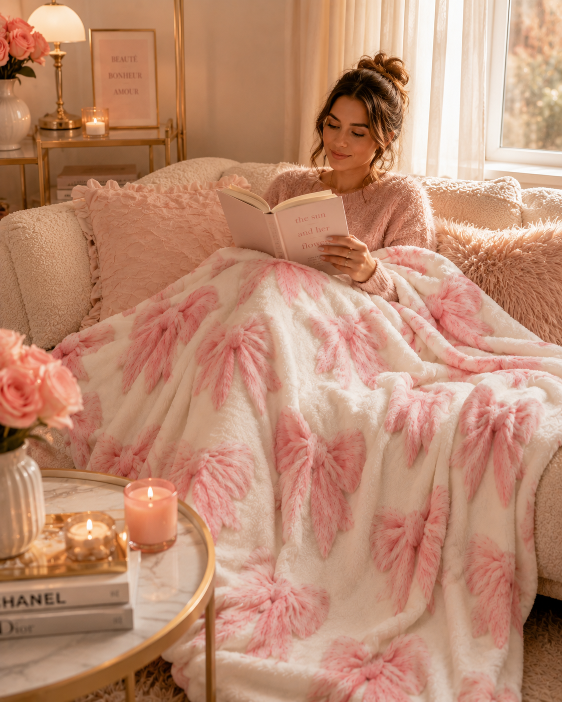 Coquette Pink Bow Plush Blanket – Ultra Soft Fluffy Throw Blanket, Cute Feminine Bedroom Decor, Cozy Velveteen Blanket for Sofa & Bed