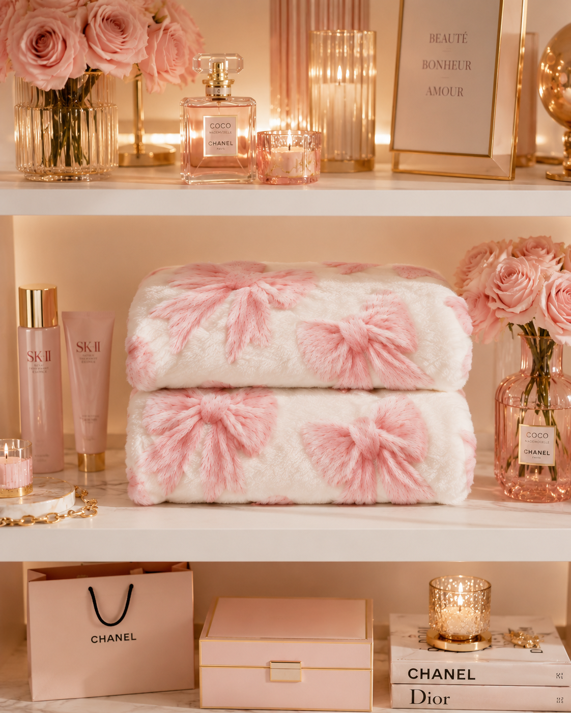 Coquette Pink Bow Plush Blanket – Ultra Soft Fluffy Throw Blanket, Cute Feminine Bedroom Decor, Cozy Velveteen Blanket for Sofa & Bed