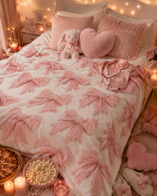 Coquette Pink Bow Plush Blanket – Ultra Soft Fluffy Throw Blanket, Cute Feminine Bedroom Decor, Cozy Velveteen Blanket for Sofa & Bed