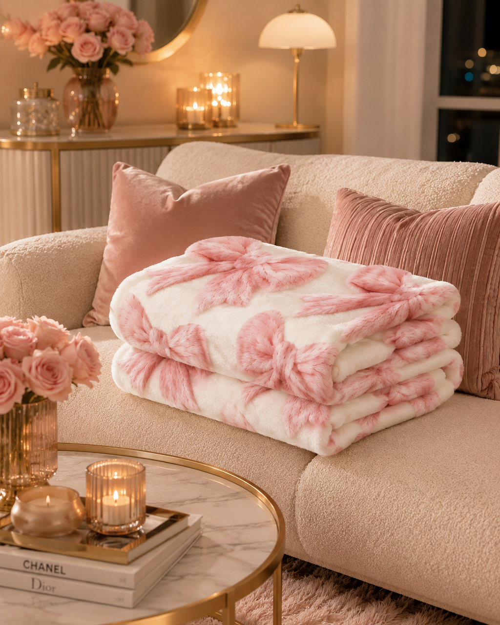 Coquette Pink Bow Plush Blanket – Ultra Soft Fluffy Throw Blanket, Cute Feminine Bedroom Decor, Cozy Velveteen Blanket for Sofa & Bed