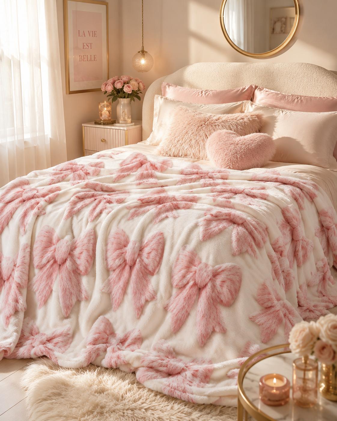 Coquette Pink Bow Plush Blanket – Ultra Soft Fluffy Throw Blanket, Cute Feminine Bedroom Decor, Cozy Velveteen Blanket for Sofa & Bed