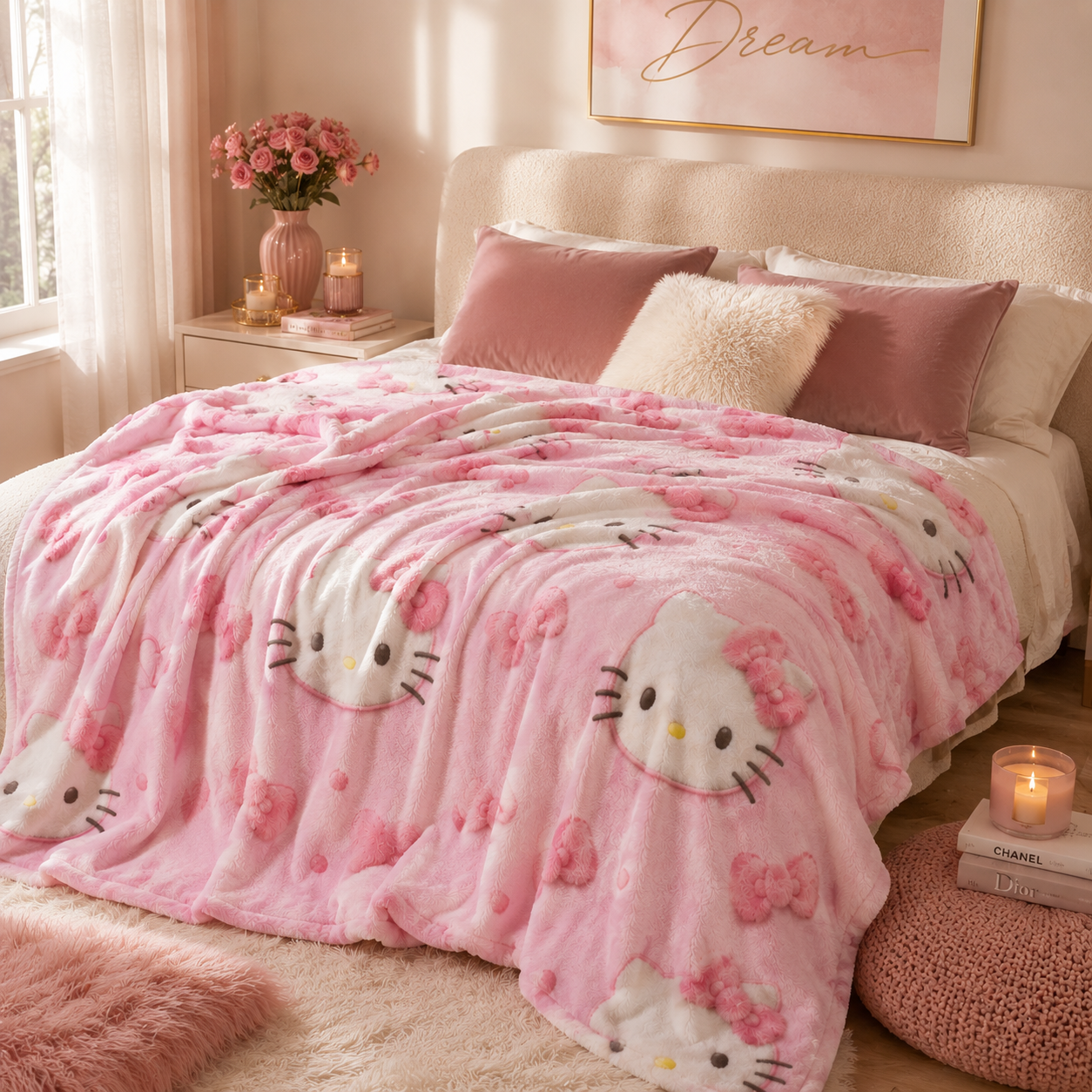 Pink Kawaii Plush Blanket – Ultra Soft Cozy Fleece Throw Blanket for Girls, Cute Pink Bow & Kitty Inspired Blanket, Luxury Bed Throw, Gift for Her, Dorm Room Decor