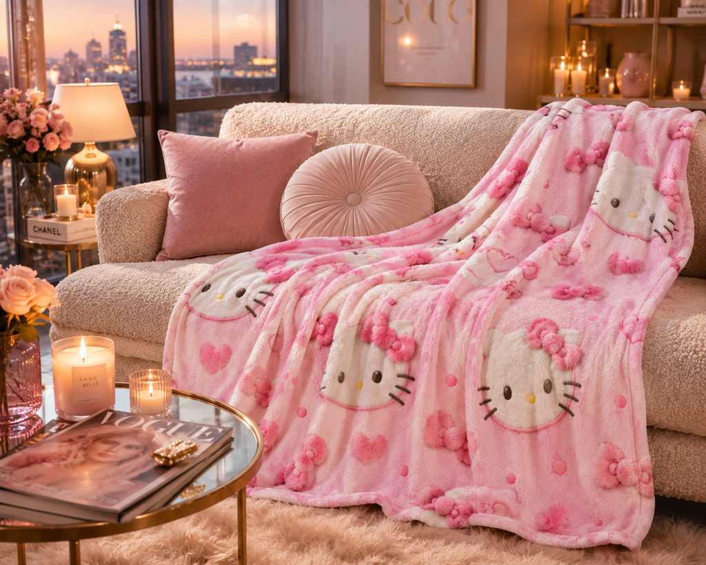 Pink Kawaii Plush Blanket – Ultra Soft Cozy Fleece Throw Blanket for Girls, Cute Pink Bow & Kitty Inspired Blanket, Luxury Bed Throw, Gift for Her, Dorm Room Decor