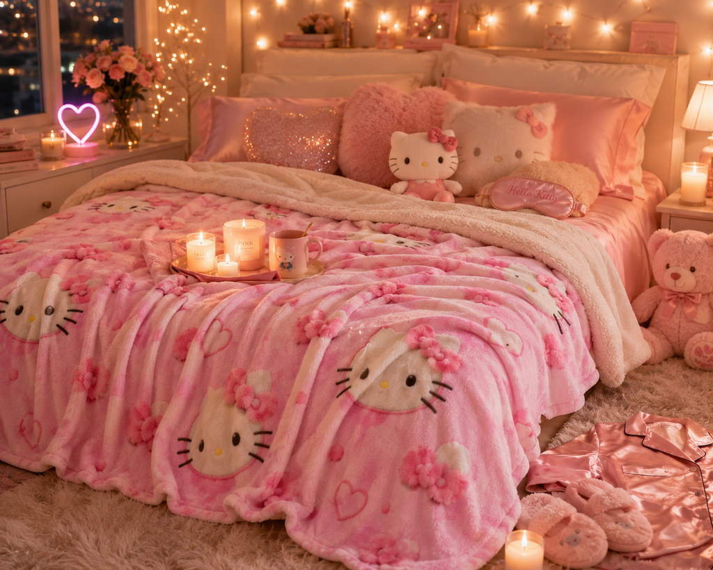 Pink Kawaii Plush Blanket – Ultra Soft Cozy Fleece Throw Blanket for Girls, Cute Pink Bow & Kitty Inspired Blanket, Luxury Bed Throw, Gift for Her, Dorm Room Decor