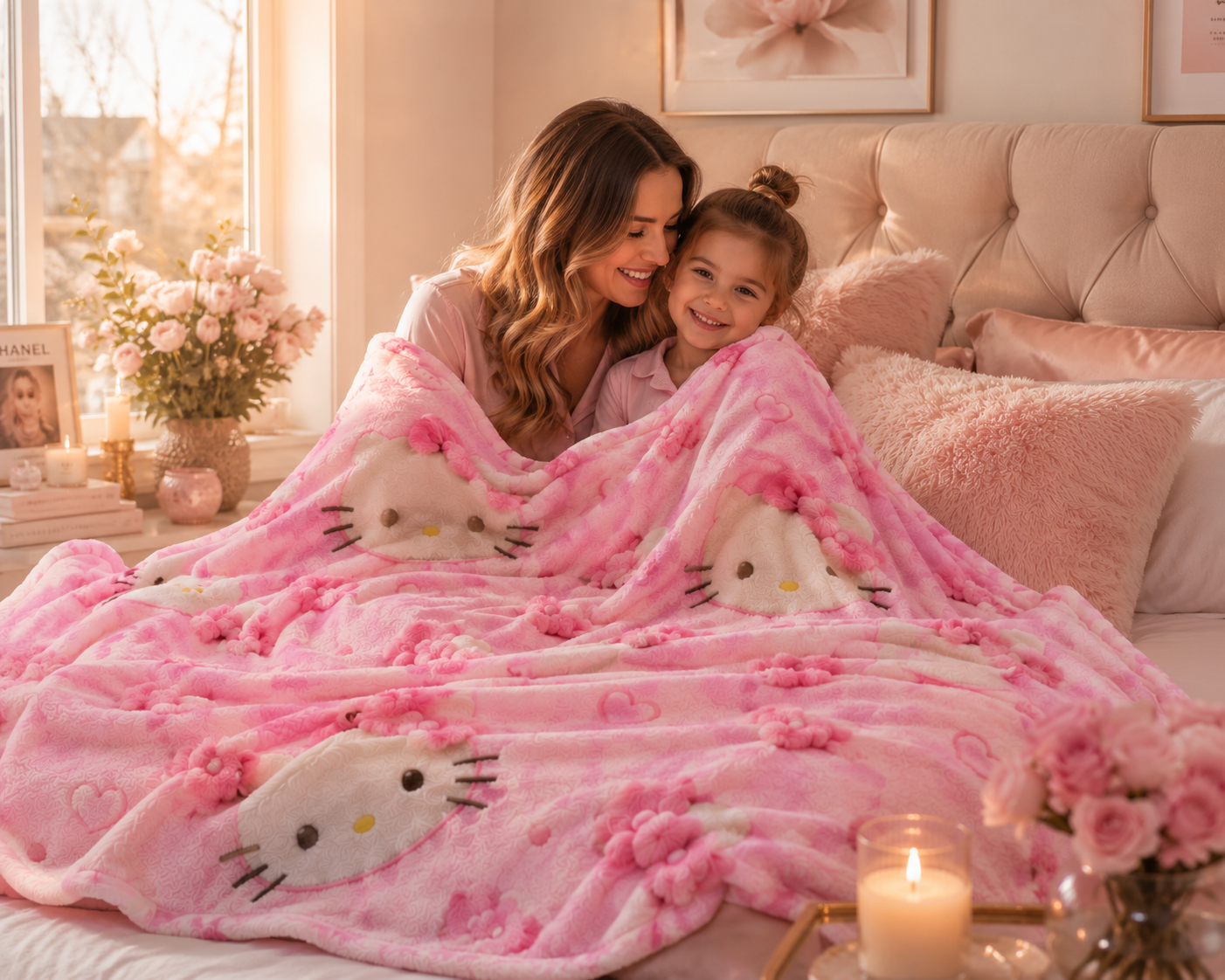 Pink Kawaii Plush Blanket – Ultra Soft Cozy Fleece Throw Blanket for Girls, Cute Pink Bow & Kitty Inspired Blanket, Luxury Bed Throw, Gift for Her, Dorm Room Decor