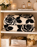 Luxury Black Rose Plush Blanket – Ultra Soft Faux Fur Throw, Elegant Floral Cozy Blanket, Neutral Home Decor, Reading Nook & Bedroom Accent