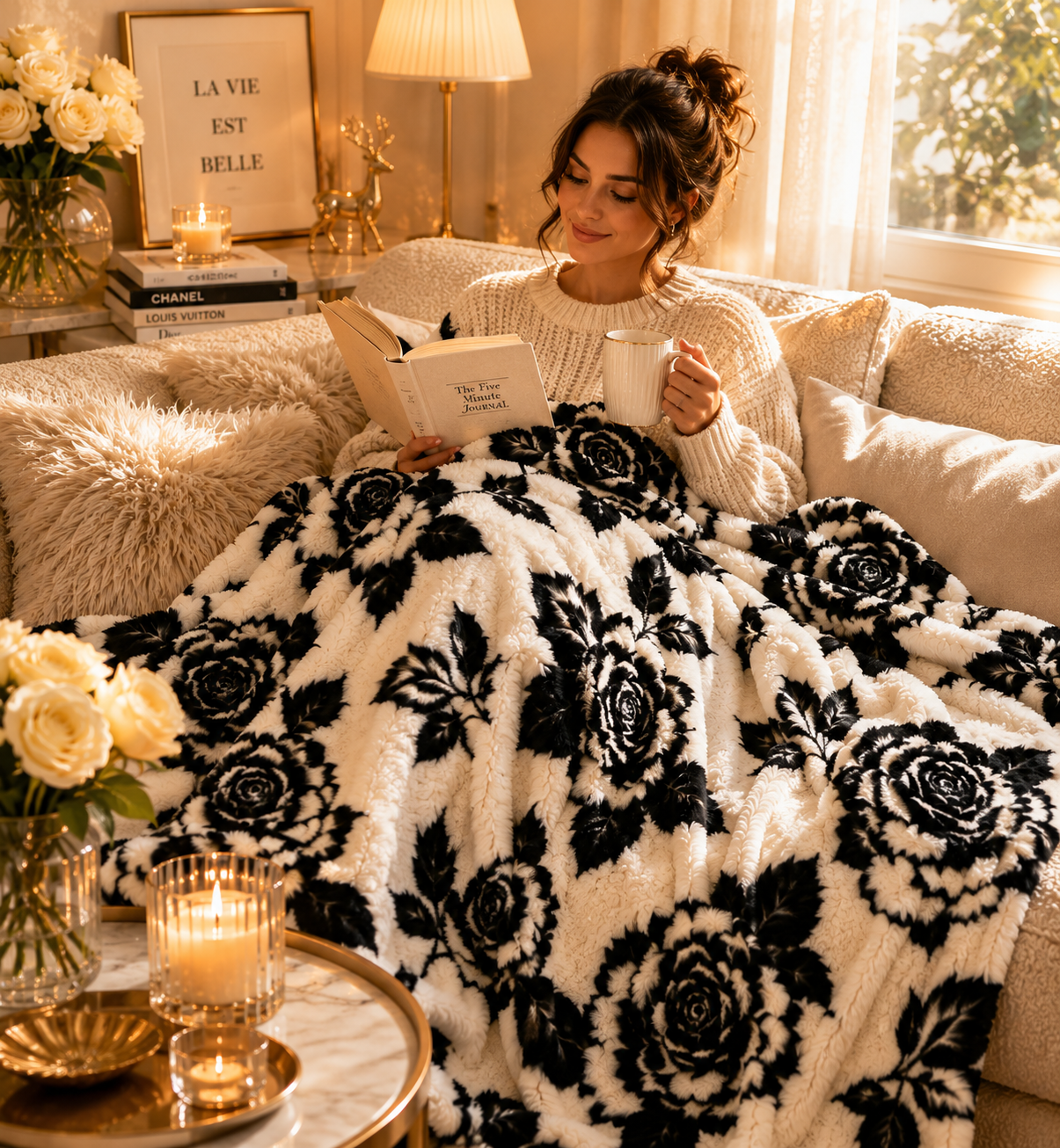 Luxury Black Rose Plush Blanket – Ultra Soft Faux Fur Throw, Elegant Floral Cozy Blanket, Neutral Home Decor, Reading Nook & Bedroom Accent