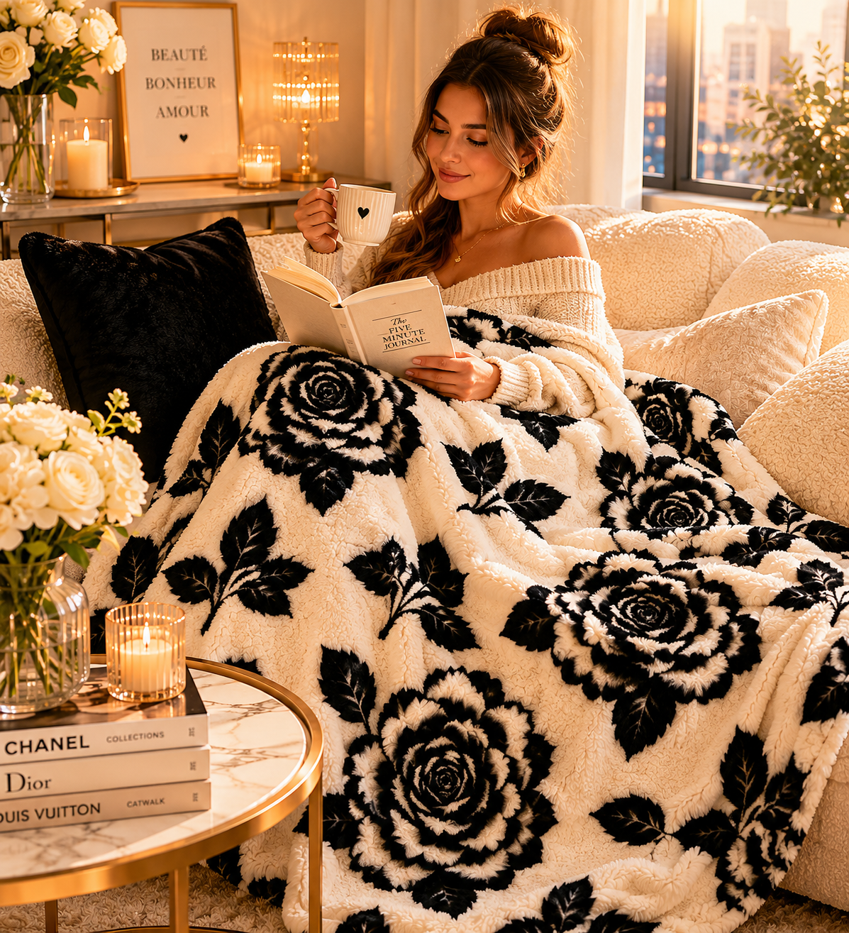 Luxury Black Rose Plush Blanket – Ultra Soft Faux Fur Throw, Elegant Floral Cozy Blanket, Neutral Home Decor, Reading Nook & Bedroom Accent