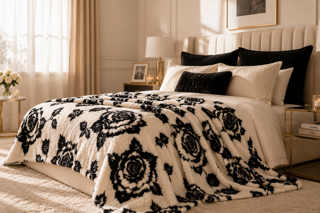 Luxury Black Rose Plush Blanket – Ultra Soft Faux Fur Throw, Elegant Floral Cozy Blanket, Neutral Home Decor, Reading Nook & Bedroom Accent