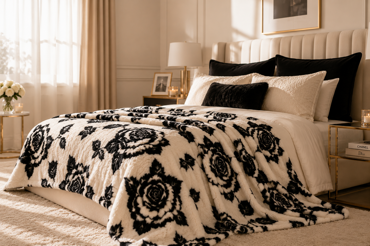 Luxury Black Rose Plush Blanket – Ultra Soft Faux Fur Throw, Elegant Floral Cozy Blanket, Neutral Home Decor, Reading Nook & Bedroom Accent