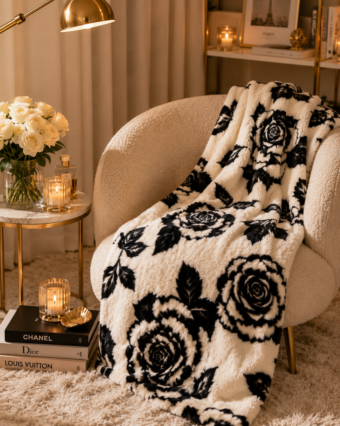Luxury Black Rose Plush Blanket – Ultra Soft Faux Fur Throw, Elegant Floral Cozy Blanket, Neutral Home Decor, Reading Nook & Bedroom Accent