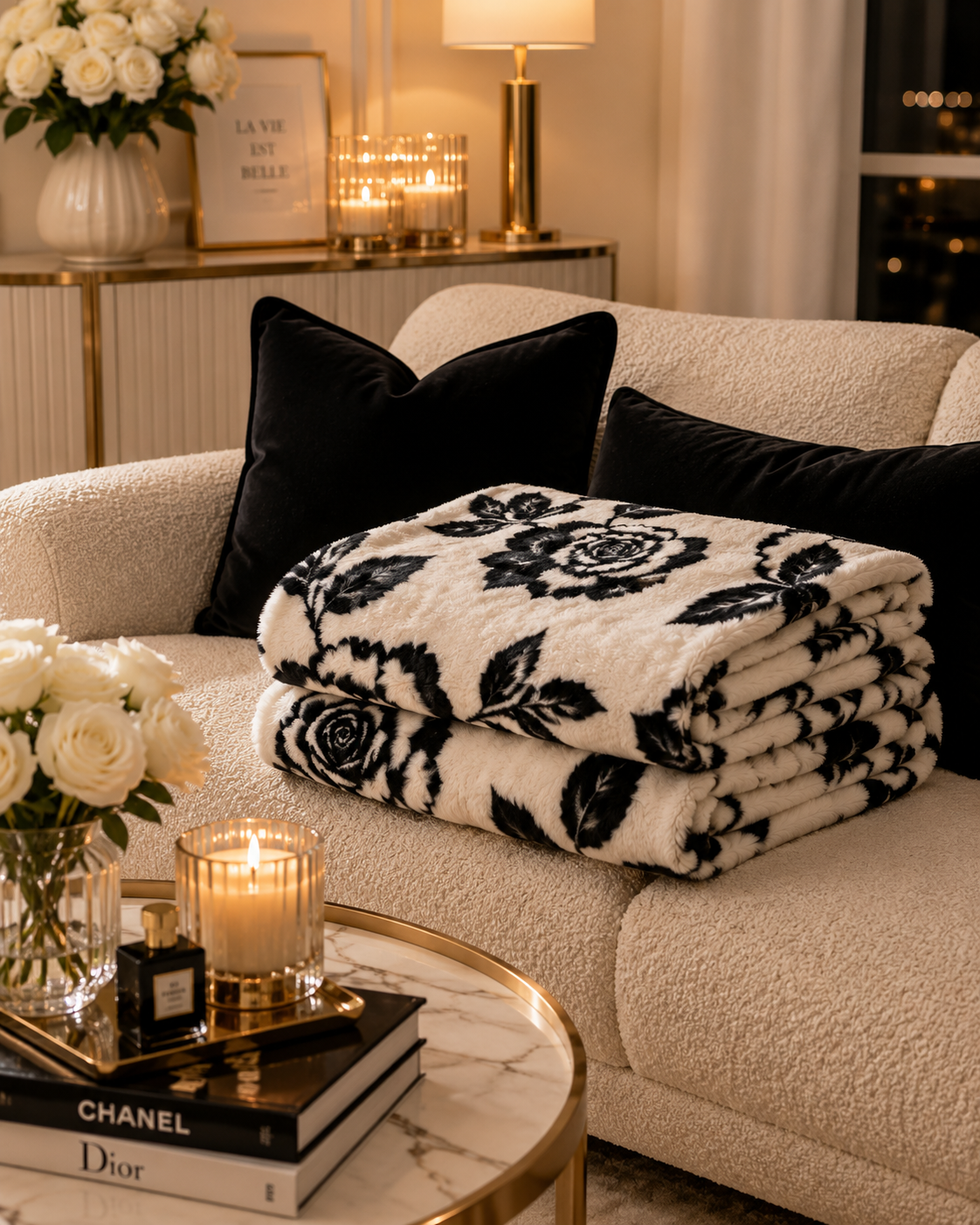 Luxury Black Rose Plush Blanket – Ultra Soft Faux Fur Throw, Elegant Floral Cozy Blanket, Neutral Home Decor, Reading Nook & Bedroom Accent