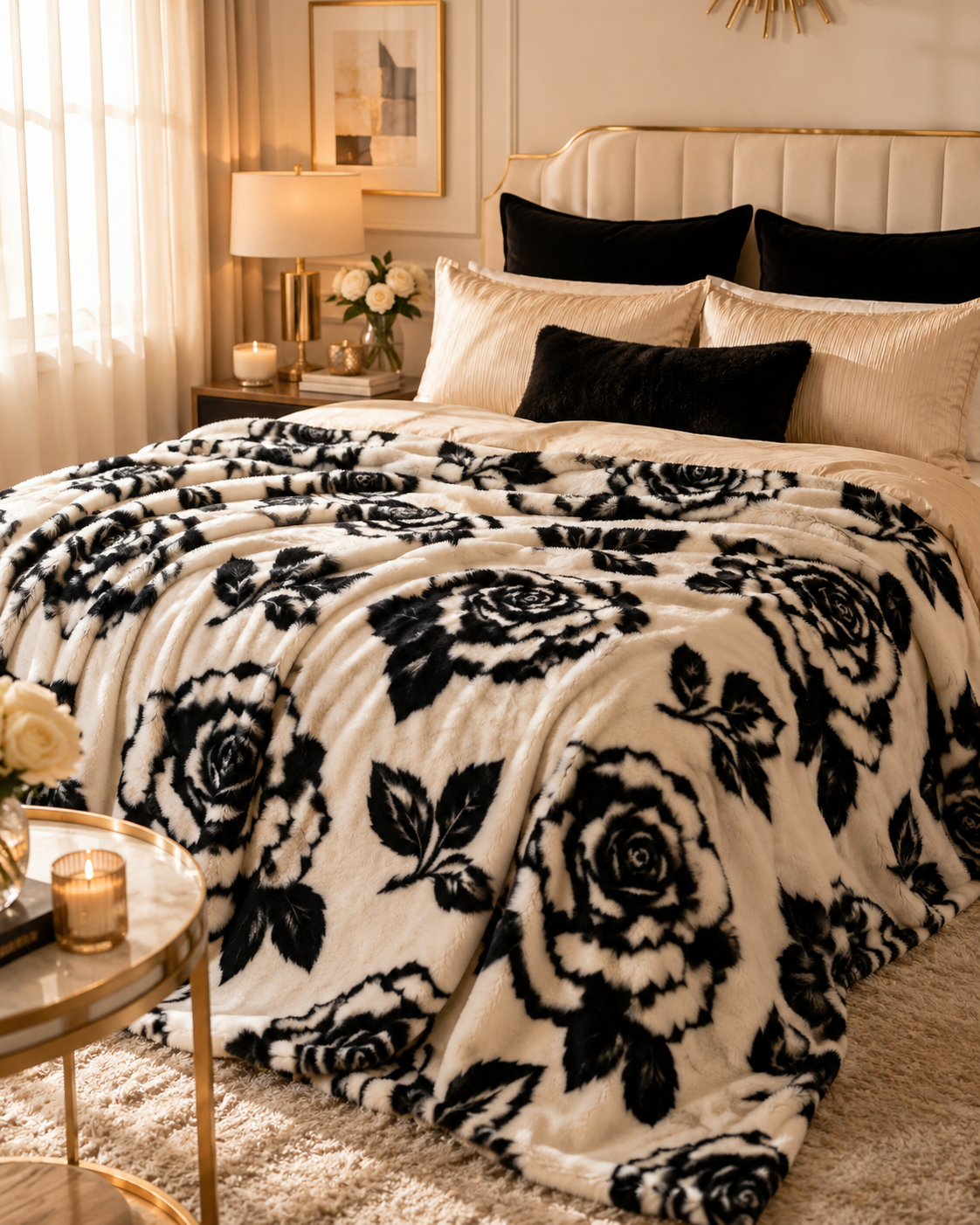 Luxury Black Rose Plush Blanket – Ultra Soft Faux Fur Throw, Elegant Floral Cozy Blanket, Neutral Home Decor, Reading Nook & Bedroom Accent