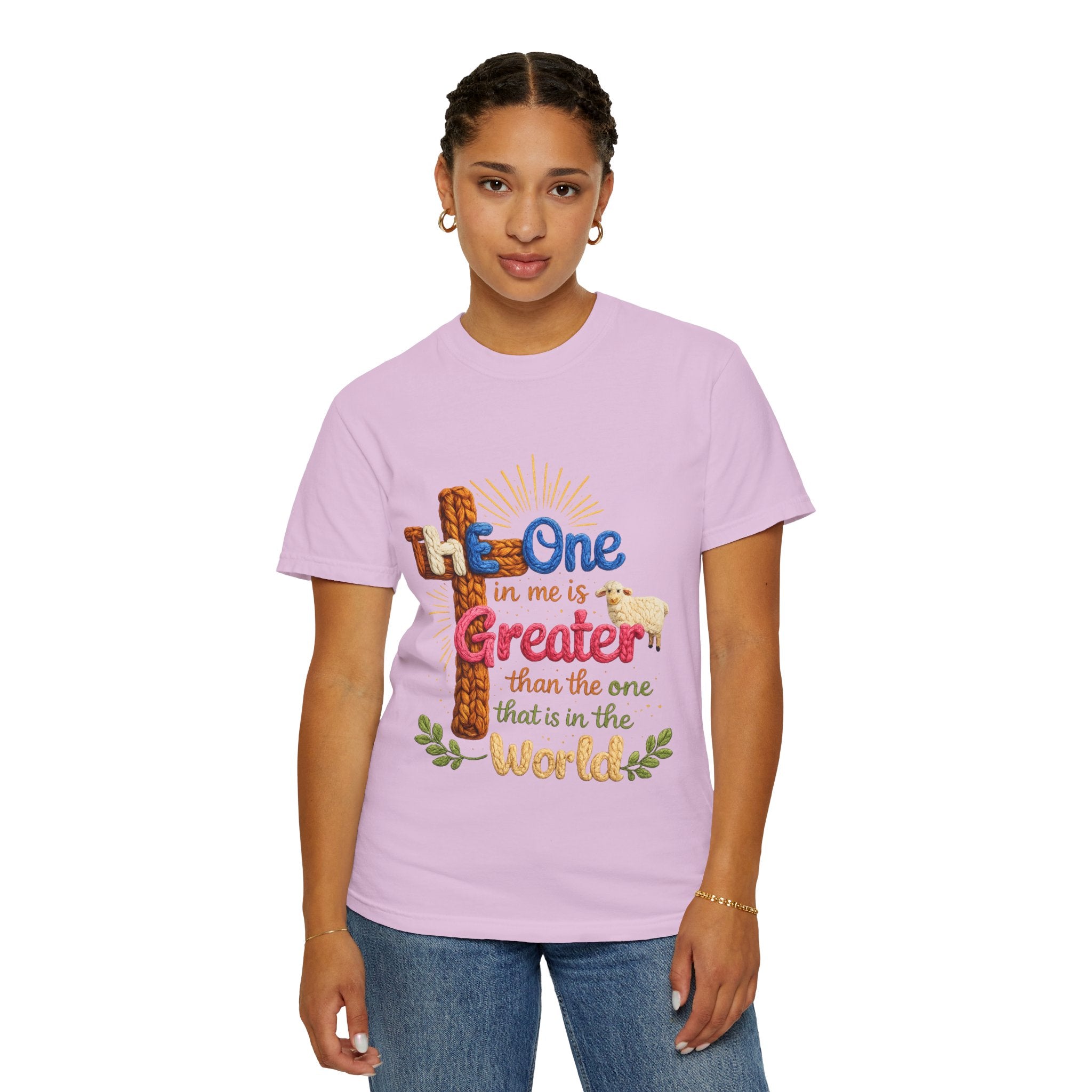 The One in Me Is Greater Shirt – Christian Crochet Style Graphic Tee, Faith Based Inspirational Bible Verse Shirt, Cute Religious Gift for Women
