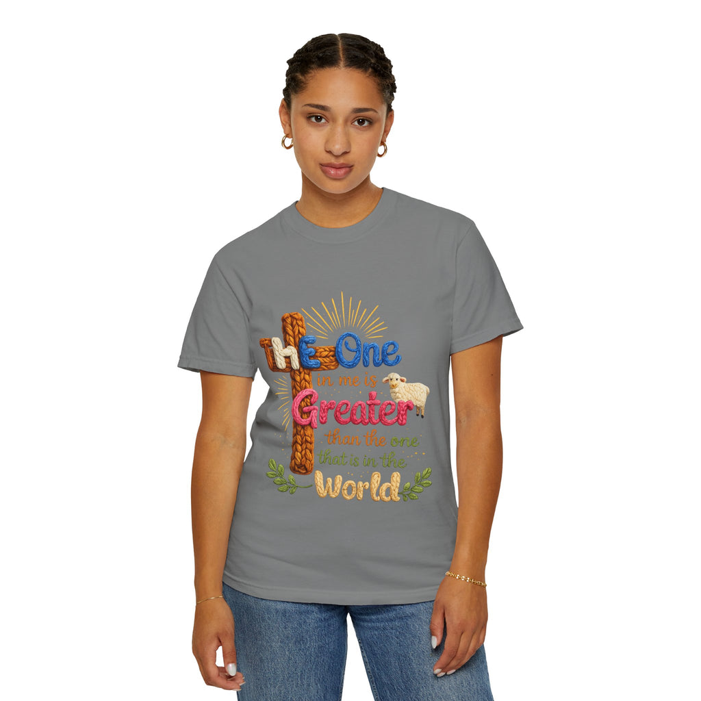 The One in Me Is Greater Shirt – Christian Crochet Style Graphic Tee, Faith Based Inspirational Bible Verse Shirt, Cute Religious Gift for Women