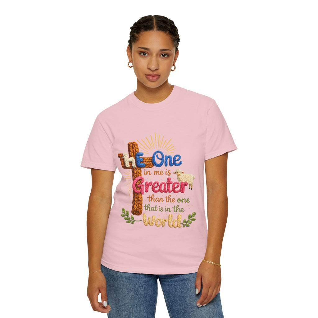 The One in Me Is Greater Shirt – Christian Crochet Style Graphic Tee, Faith Based Inspirational Bible Verse Shirt, Cute Religious Gift for Women