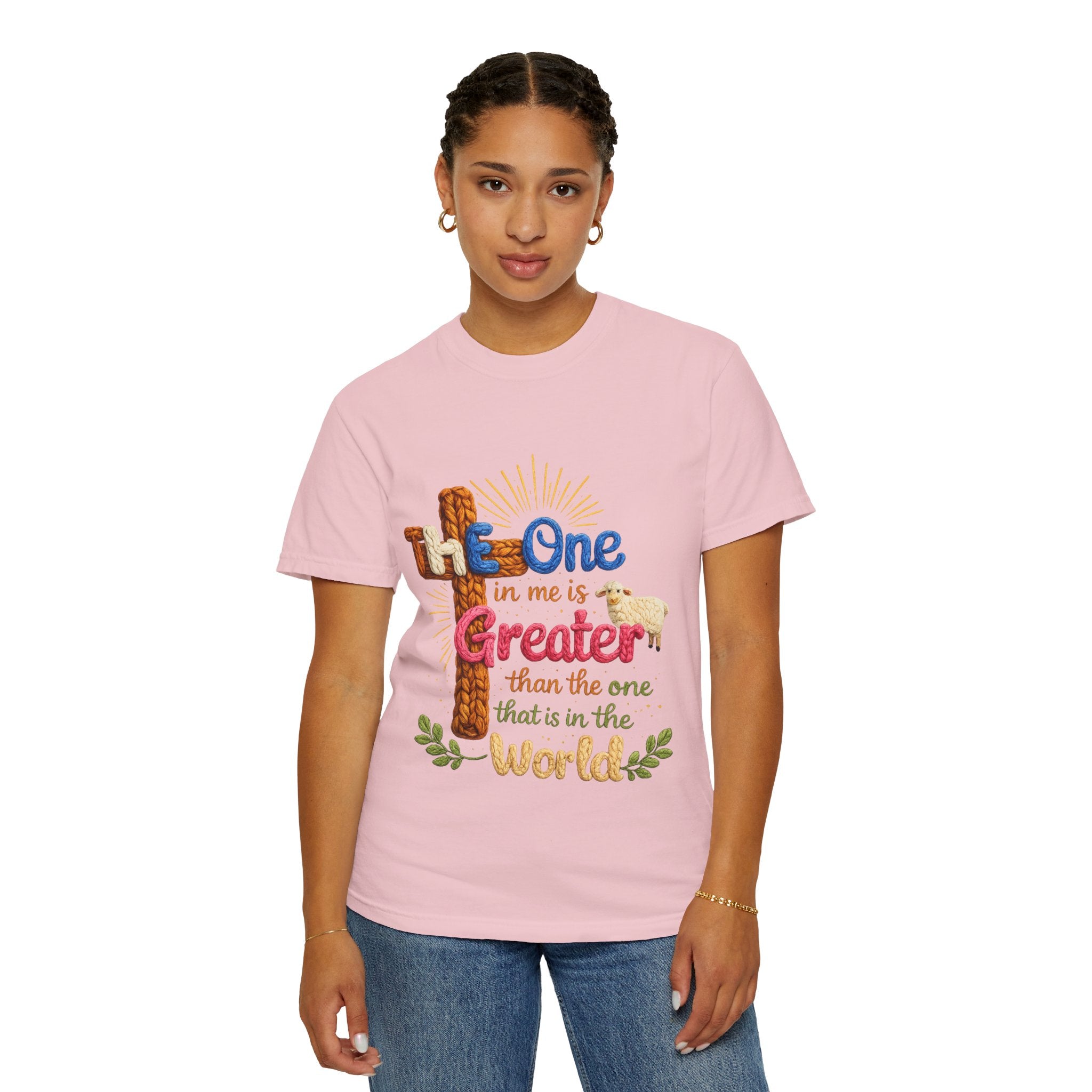 The One in Me Is Greater Shirt – Christian Crochet Style Graphic Tee, Faith Based Inspirational Bible Verse Shirt, Cute Religious Gift for Women