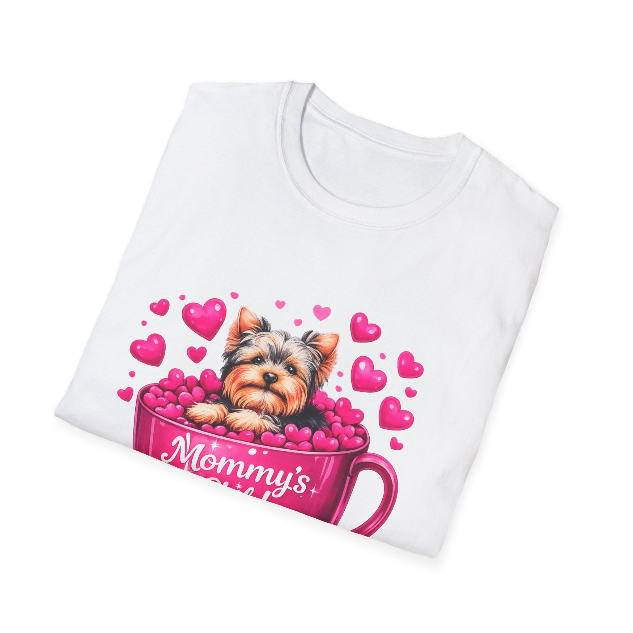 Mommy’s Child Yorkie Shirt – Cute Puppy in Mug Graphic Tee, Dog Lover Gift, Pink Heart Aesthetic, Yorkshire Terrier T-Shirt for Women