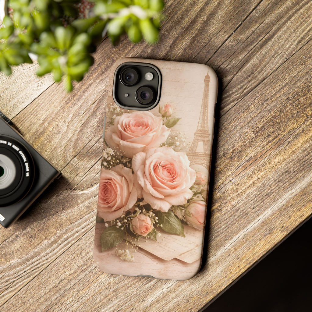 Vintage Parisian Rose Phone Case – Eiffel Tower Floral Aesthetic Luxury iPhone Case, Romantic Antique Paris Phone Cover