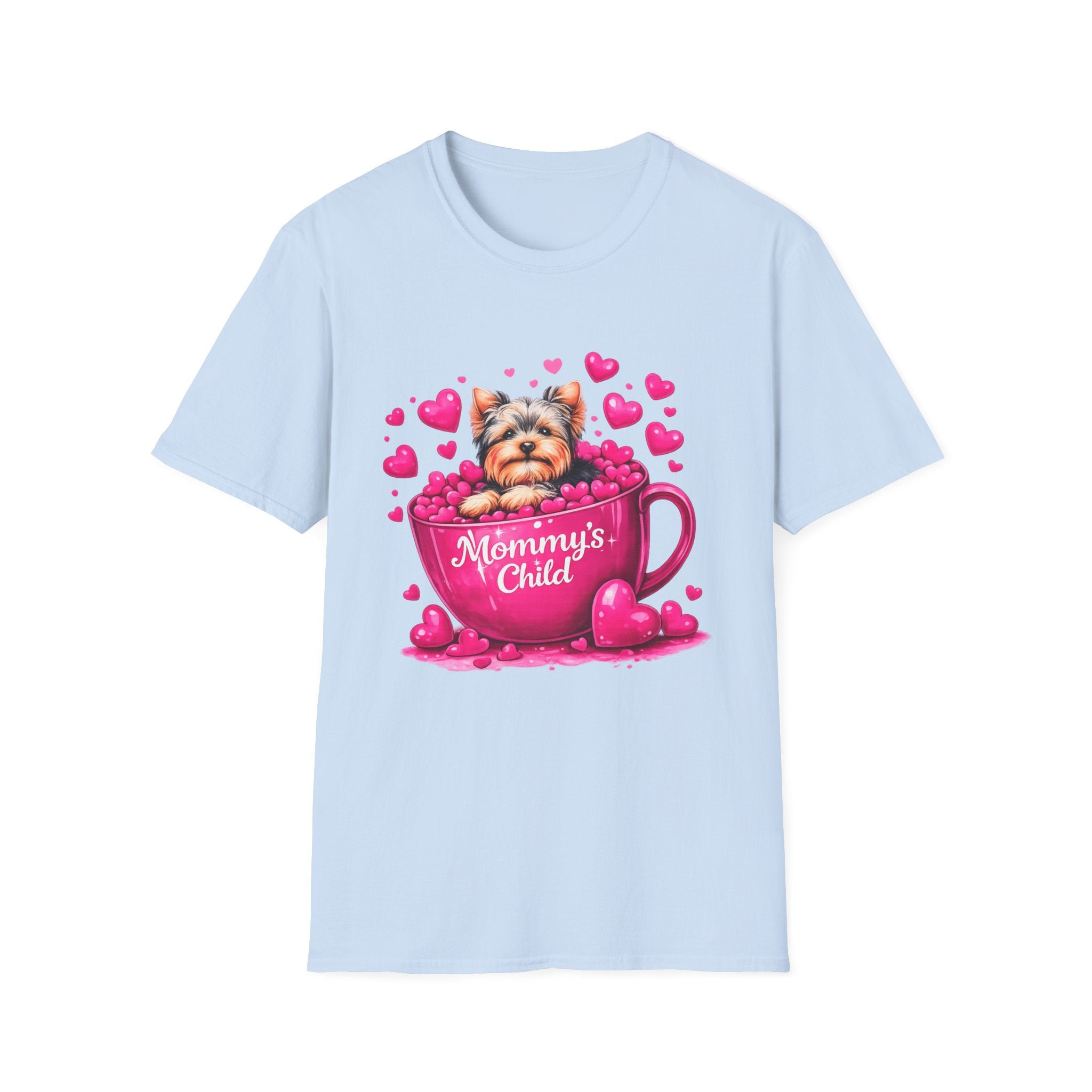 Mommy’s Child Yorkie Shirt – Cute Puppy in Mug Graphic Tee, Dog Lover Gift, Pink Heart Aesthetic, Yorkshire Terrier T-Shirt for Women