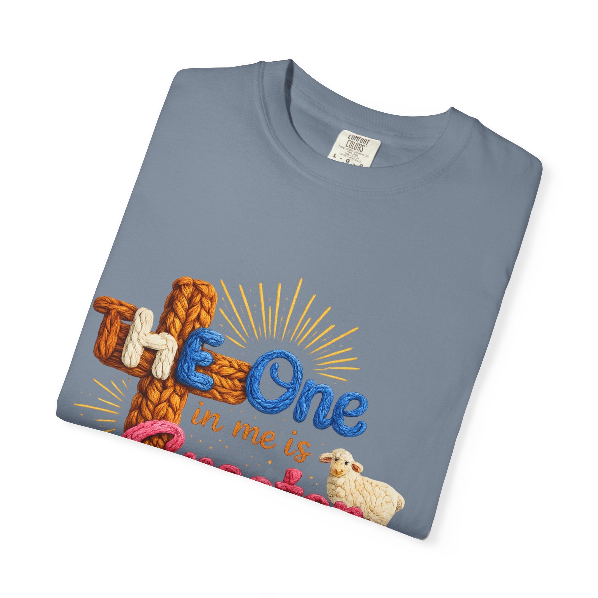 The One in Me Is Greater Shirt – Christian Crochet Style Graphic Tee, Faith Based Inspirational Bible Verse Shirt, Cute Religious Gift for Women
