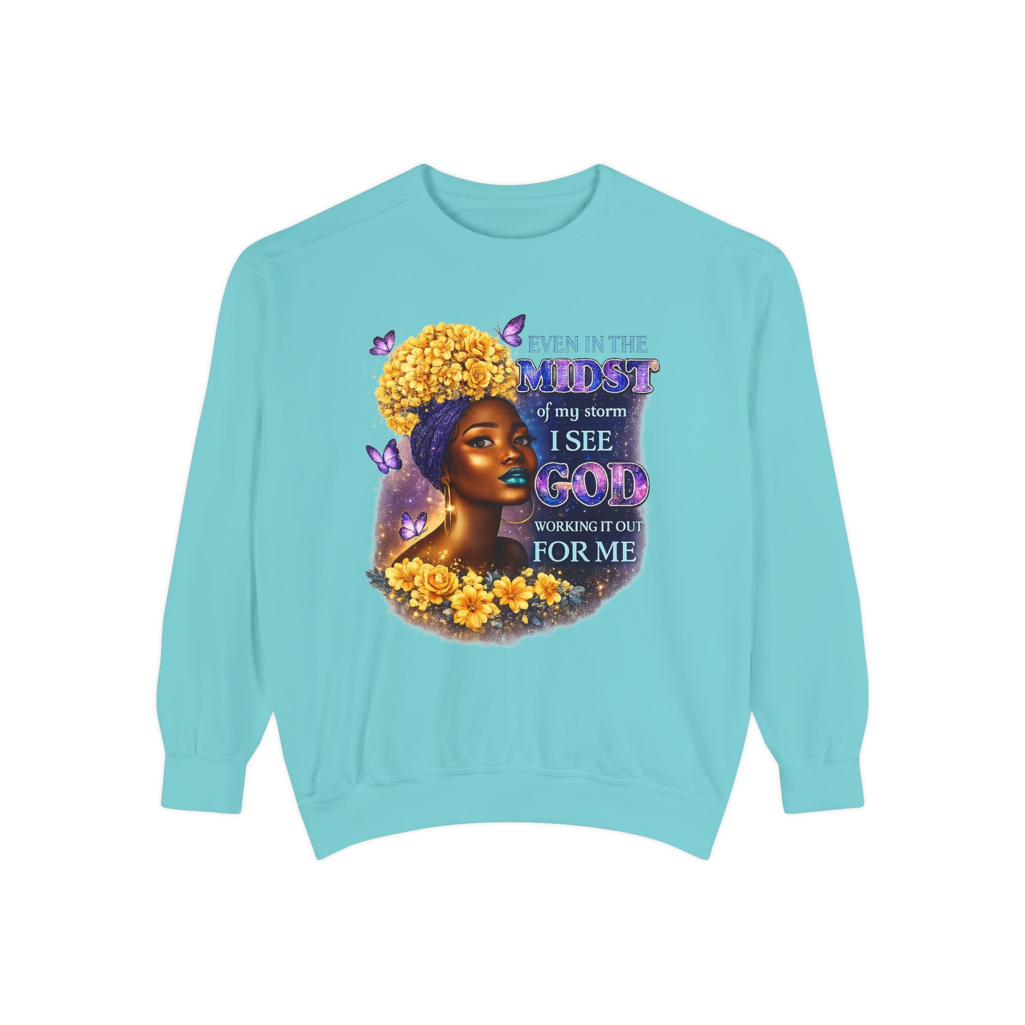 Even In The Midst I See God Sweatshirt – Faith-Based Floral Graphic Crewneck, Inspirational Christian Women’s Sweatshirt, Purple & Gold Aesthetic