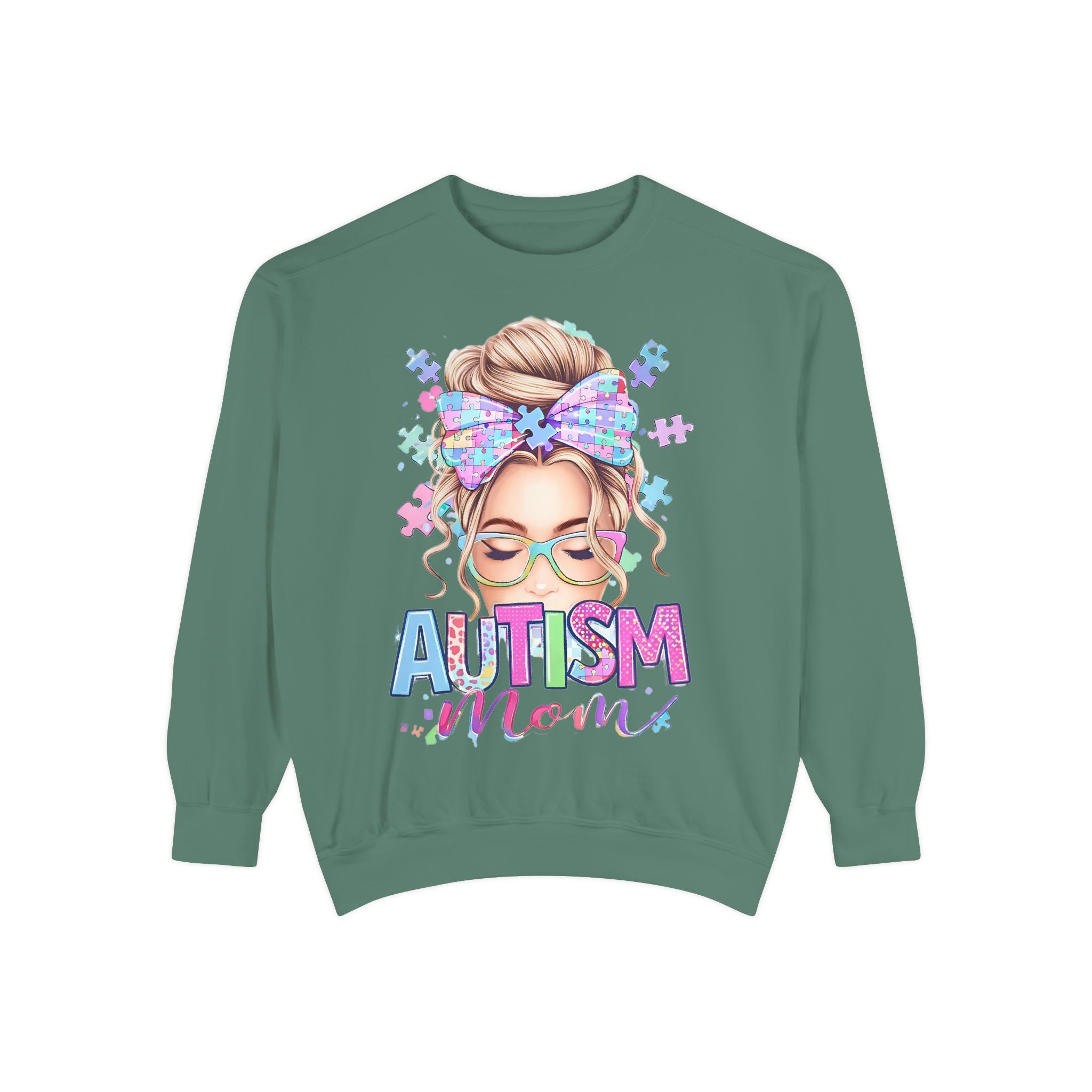 Autism Mom Sweatshirt — Puzzle-Print Headband & Pastel Logo Crewneck