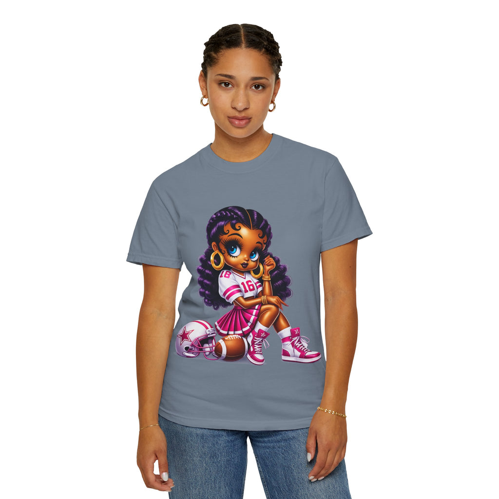 Fuchsia Football Girl Shirt – Cute Black Girl Sports Graphic Tee, Pink Cheerleader Outfit, Trendy Game Day Women’s Shirt, Girly Athlete T-Shirt
